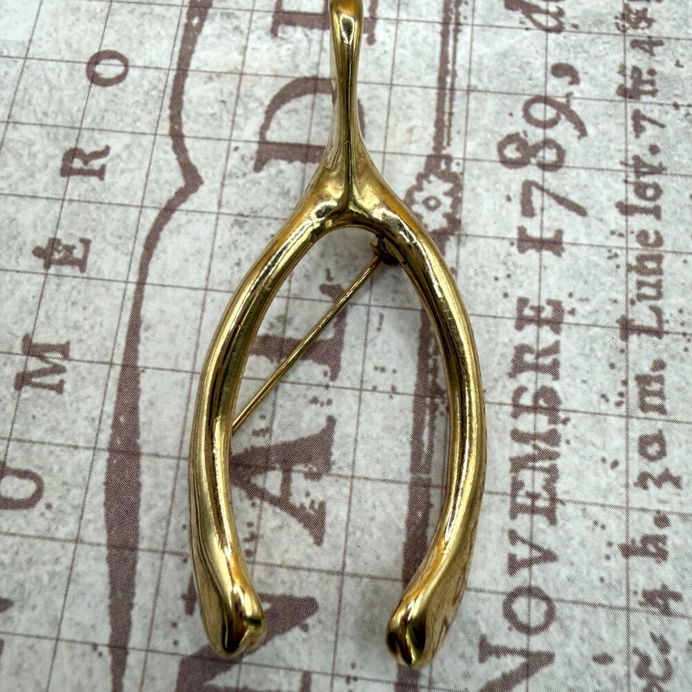 1950s Vintage Large Gold Tone Wishbone Brooch Pin Good Luck Symbol Estate - Picture 10 of 11